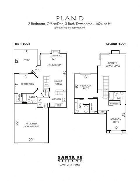Floor plan for 2 beds, 3 baths, 1424 sqft